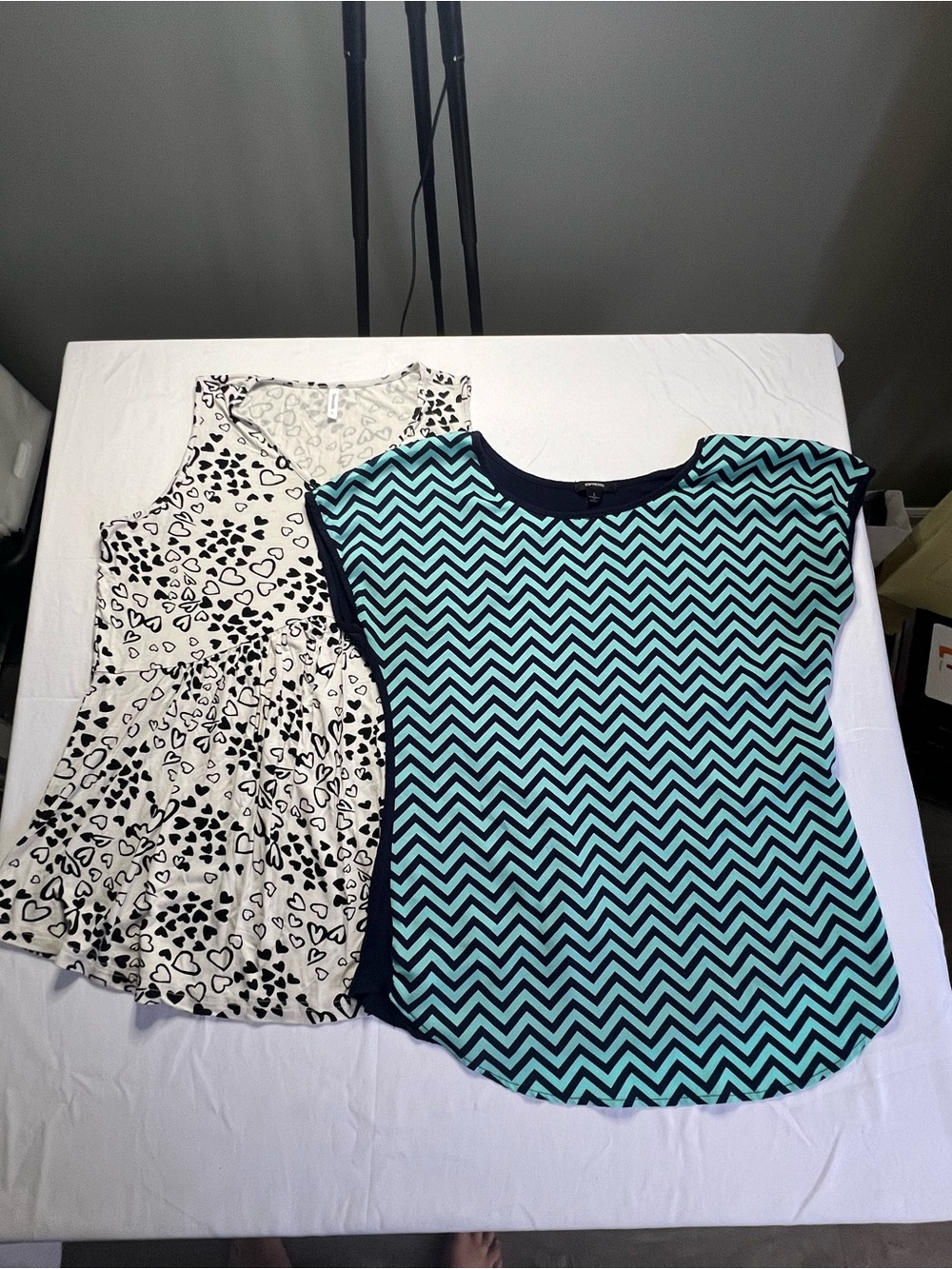 Lot of 2 Espresso, Tencede  Aqua and Navy Chevron Short-Sleeve Tunics